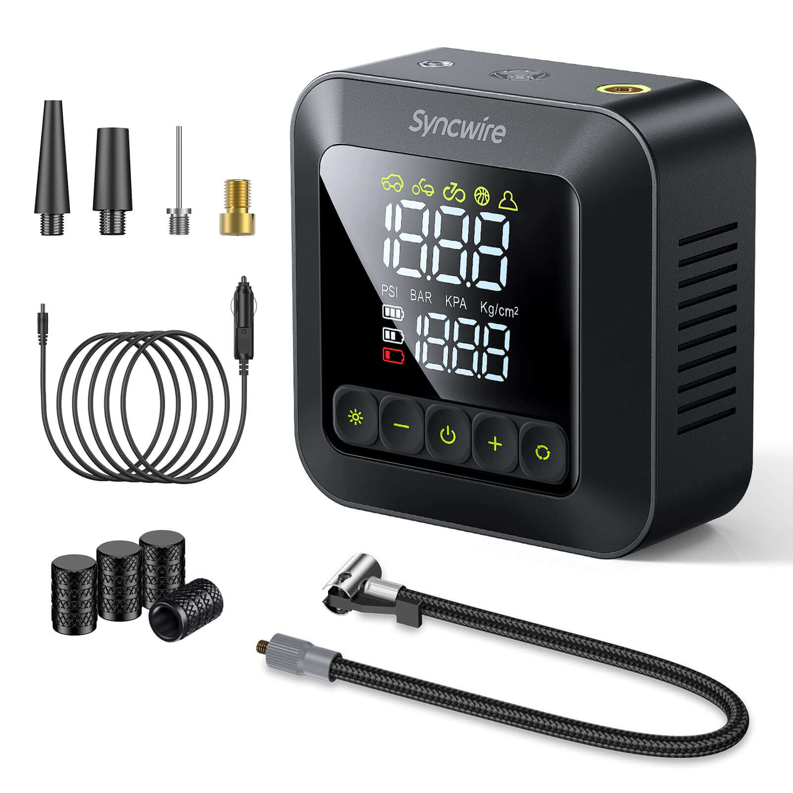 Compressore Aria Portatile 150 PSI, Pompa Elettrica Multifunzione con Schermo LCD Digitale, Torcia LED e Power Bank 6000mAh, Mini Gonfiatore per Auto, Bici, Moto, Scooter e Palloni Compressore Aria Portatile 150 PSI, Pompa Elettrica Multifunzione con Schermo LCD Digitale, Torcia LED e Power Bank 6000mAh, Mini Gonfiatore per Auto, Bici, Moto, Scooter e Palloni